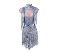 YUANTONG Sparkly Rhinestone Bodysuit Silver Spandex Drag Queen Outfit with Fringe One Size Stretch Latin Jazz Salsa Dance Costumes