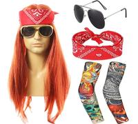 YuanYouTong 70s 80s Heavy Metal Disco Wig, Ginger Rock Star Wig Set with Straight Hair, Retro Style, Glueless, Heat Resistant, 70% Density, Unisex, 1 Count