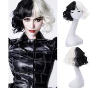 YuanYouTong Black and White Wigs for Women Cruella Deville Wig Ladies Short Curly Wig Half White Half Black Bob Wig with Fringe Wavy Synthetic Hair for Fancy Dress Party Halloween Costume Cosplay