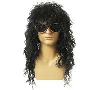 YuanYouTong Long Black Curly Wavy 70s 80s Rock Star Costume Wig, Heavy Metal Disco Wig for Men and Women, Punk Rocker Costume Wig, Fancy Dress Wig, Glam Hard Rockstar Mullet Wig