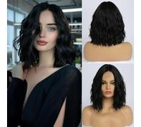 YuanYouTong Short Black Wavy Wig - 14 Inch Shoulder Length Middle Part Kinky Curly Bob Wig - Natural Synthetic Heat Resistant Fiber - Daily Party Use