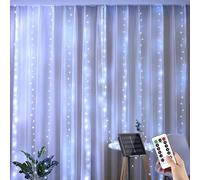 YUANYUYING Solar Curtain Lights, 3m x 1m 100 LED Outdoor Waterfall Lights with Remote & Timer, 8 Modes Cuttable, IP65 Waterproof for Garden, Gazebo, Wedding, Party Decor (White)
