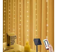 YUANYUYING Solar Curtain Lights, 3m x 2m 200 LED Outdoor Waterfall Lights with Remote & Timer, 8 Modes Cuttable, IP65 Waterproof for Garden, Gazebo, Wedding, Party Decor (Warm White)