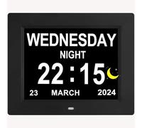 Yuanzeco Alarm Clock With Day And Date For Elderly 3Displays Digital Calendar Day Clock Photo Frame- Auto Dimmable Display 15 Alarm Options, Day Clock with Non-Abbreviated Day & Month (BLACK, 8 IN)