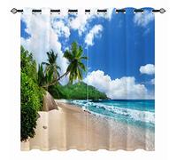 YUANZU Beach Curtain - Tropical Coastal Hawaiian Island Palm Tree Ocean Waves Scene Print Pattern Eyelet Blackout Thermal Room Darkening Window Drapes for Bedroom Living Room 2 Panels W117cm x D137cm