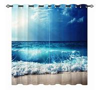 YUANZU Beach Curtains, Ocean Theme Tropical Summer Hawaiian Blue Sea Waves Scenery Pattern Eyelet Thermal Insulated Blackout 3D Print Window Drapes for Bedroom Living Room 2 Panels W117cm x D183cm