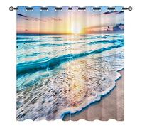 YUANZU Beach Curtains, Tropical Sea Beach Ocean Hawaiian Sunset Sea Waves Scenery 3D Pattern, Blackout Fabric Eyelet Window Drapes for Living Room Bedroom W168cm (66") x D137cm (54") 2 Panels