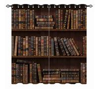 YUANZU Bookshelf Curtains - Vintage Retro Rustic Wood Study Old Book Print Pattern Eyelet Blackout Thermal Insulated & Room Darkening Window Drapes for Bedroom Living Room 2 Panels W117cm x D137cm