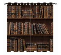 YUANZU Bookshelf Curtains - Vintage Retro Rustic Wood Study Old Book Print Pattern Eyelet Blackout Thermal Insulated & Room Darkening Window Drapes for Bedroom Living Room 2 Panels W132cm x D160cm