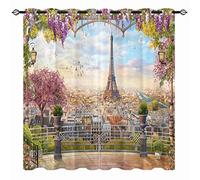 YUANZU Eiffel Tower Curtains, European City Paris Flower Landscape Print Pattern Eyelet Thermal Insulated Blackout Curtains for Girls Bedroom Living Room, Set of 2 Panels W168cm (66") x D137cm (54")