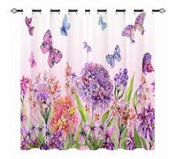 YUANZU Floral Curtains - Girls Summer Watercolor Flower Colorful Butterfly Print Pattern Eyelet Blackout Thermal Insulated Room Darkening Window Drapes for Bedroom Living Room 2 Panels W132cm x D160cm