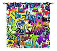 YUANZU Graffiti Curtains - Kids Doodle Urban Hand Roller Speech Cloud Microphone Sunglasses Record Player Print Pattern Eyelet Blackout Window Drapes for Boys Teens Bedroom 2 Panels W117cm x D183cm