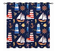 YUANZU Kids Nautical Curtains - Boys Girls Eyelet Blackout Watercolor Starfish Anchor Lighthouse Coral Fish Sailboat Print Pattern Thermal Insulated Window Drapes for Bedroom 2 Panels W106cm x D160cm