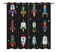 YUANZU Kids Space Curtains - Boys Cosmic Rocket Ship Outer Space Star Print Pattern Eyelet Blackout Thermal Insulated & Room Darkening Window Drapes for Nursery Bedroom 2 Panels W106cm x D160cm