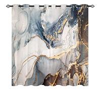 YUANZU Marble Curtains - Abstract Colorful Golden Veins Dark Blue Gray and Gold Paints Print Pattern Eyelet Blackout Room Darkening Window Drapes for Living Room Bedroom 2 Panels W168cm x D229cm