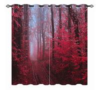 YUANZU Nature Curtains, Forest Trail Woodland Wild Red Tree Leaf Landscape Scenery 3D Print Patterned Eyelet Thermal Insulated Blackout Window Drapes for Bedroom Living Room 2 Panels W168cm x D229cm