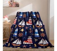 YUANZU Nautical Blanket Throw, Kids Starfish Anchor Lighthouse Coral Fish Sailboat Pattern Soft Cozy Flannel Blanket, Warm Lightweight Plush Throw Couch Sofa Bed Cover, Gifts for Boys Girls 60x80 inch