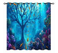 YUANZU Ocean Curtain - Tropical Fish Coral Tree Underwater Sea World Art Scene Print Pattern Eyelet Blackout Thermal Room Darkening Window Drapes for Bedroom Living Room 2 Panels W140cm x D183cm