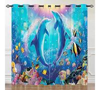 YUANZU Ocean Curtains, Tropical Fish Coral Dolphin Underwater Sea World Art Pattern Microfiber Blackout Fabric Eyelet Window Drapes for Kids Bedroom Playroom W117cm (46") x D229cm (90") 2 Panels