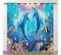 YUANZU Ocean Curtains - Tropical Fish Coral Dolphin Underwater Sea World Art Print Pattern Eyelet Blackout Thermal Room Darkening Window Drapes for Kids Boys Bedroom 2 Panels W132cm x D160cm