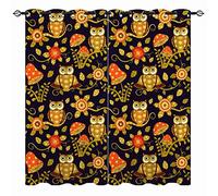 YUANZU Owl Curtains - Kids Boys Girls Cute Baby Flowers in Magic Forest on Black Print Pattern Thermal Insulated Room Darkening Window Drapes for Nursery Bedroom Playroom 2 Panels W117cm x D183cm