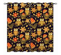 YUANZU Owl Curtains - Kids Boys Girls Cute Baby Flowers in Magic Forest on Black Print Pattern Thermal Insulated Room Darkening Window Drapes for Nursery Bedroom Playroom 2 Panels W132cm x D213cm