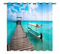 YUANZU Pier Curtains - Beach Tropical Scene Caribbean Boat Coastal Ocean Landscape Print Pattern Eyelet Thermal & Room Darkening Blackout Window Drapes for Bedroom Living Room 2 Panels W117cm x D137cm