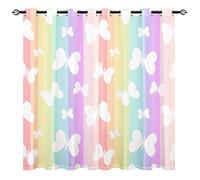 YUANZU Rainbow Butterfly Curtains - Girls Kids Cute White Butterflies on Colorful Stripes Print Pattern Eyelet Blackout Thermal Insulated Window Drapes for Living Room Bedroom 2 Panels W117cm x D183cm