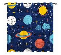 YUANZU Space Curtains - Kids Boys Planet Doodle Solar System Sun Meteorite Stars Print Pattern Eyelet Blackout Thermal Insulated & Room Darkening Window Drapes for Bedroom 2 Panels W75cm x D166cm