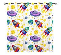 YUANZU Space Curtains - Kids Rocket Flying Saucer Moon Planet Earth Star Satellite Pattern Eyelet Blackout Thermal Insulated Room Darkening Window Drapes for Boy Girl Bedroom 2 Panels W132cm x D160cm