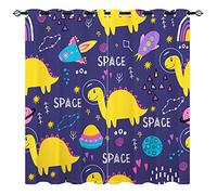 YUANZU Space Dinosaur Curtains - Kids Doodle Yellow Dino Planet Rainbow Jupiter Saturn Print Pattern Eyelet Blackout Room Darkening Window Drapes for Boys Girls Baby Bedroom 2 Panels W168cm x D183cm