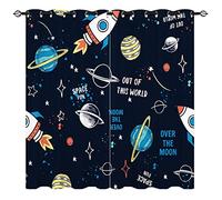 YUANZU Space Doodle Curtains - Kids Rocket Planet Star Slogan Print Pattern Eyelet Blackout Thermal Insulated Room Darkening Window Drapes for Boys Girls Baby Nursery Bedroom 2 Panels W229cm x D183cm