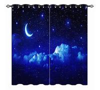 YUANZU Star Moon Curtains - Summer Blue Night Sky Starry Dreamy Cloud Landscape Print Pattern Eyelet Blackout Thermal Room Darkening Window Drapes for Bedroom Living Room 2 Panels W132cm x D160cm