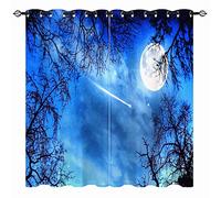 YUANZU Stars Moon Curtains - Summer Night Meteor Across The Starry Sky Tree Landscape Pattern Eyelet Thermal & Room Darkening Blackout Window Drapes for Bedroom Living Room 2 Panels W75cm x D166cm