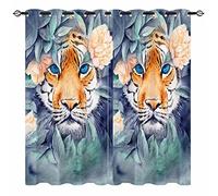 YUANZU Tiger Curtains - Jungle Animals Watercolor Peeking Out Thicket of Leaves and Flowers Pattern Eyelet Blackout Thermal Insulated Window Drapes for Kids Bedroom Playroom 2 Panels W117cm x D137cm
