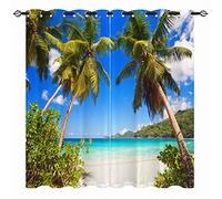 YUANZU Tropical Curtains, Beach Coastal Hawaiian Palm Trees Summer Ocean Landscape Pattern Eyelet Thermal Insulated Blackout 3D Print Window Drapes for Bedroom Living Room 2 Panels W168cm x D137cm