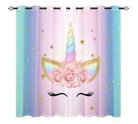 YUANZU Unicorn Curtains - Golden Pentagram Ombre Closed Eyes with Long Eyelashes Print Pattern Eyelet Blackout Thermal Insulated Window Drapes for Girls Baby Nursery Bedroom 2 Panels W132cm x D160cm
