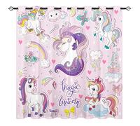 YUANZU Unicorn Curtains - Kids Cute Cartoon Magic Element Rainbow Animal Print Pattern Eyelet Blackout Room Darkening Window Drapes for Boys Girls Baby Nursery Bedroom 2 Panels W132cm x D160cm