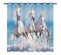 YUANZU White Horse Curtains - Three Horse Run Gallop in Waves Ocean Print Pattern Eyelet Blackout Thermal Insulated & Room Darkening Window Drapes for Living Room Bedroom 2 Panels W229cm x D229cm
