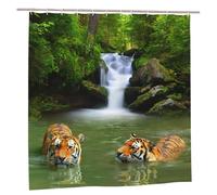 YUAOEUR 3D Garden Shower Curtain 71X71 Inch Tropical Waterfall Tigers Lake Jungle Forest Picture Outdoor Garden Green Trees Bathroom Personalized Decor Fabric with Hook