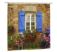 YUAOEUR 3D Garden Shower Curtain 79X72 Inch Blue Wooden Window Stone Wall and Flowers Plants Scenery Bathroom Decoration Curtains with Hook