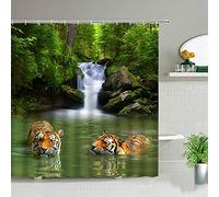YUAOEUR 3D Image Tropical Waterfall Tigers Lake Shower Curtain Jungle Forest Picture Outdoor Garden Green Trees Bathroom Personalized Decor Fabric with Hook 71X 71 inch Green White