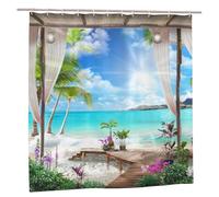YUAOEUR 3D Landscape Garden Shower Curtain 60X72 Inch Nature Scenery Sunset at Lake View Spring Flowers Green Grass Scenery Bathroom Decoration Curtains with Hook
