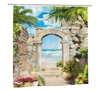 YUAOEUR 3D Landscape Garden Shower Curtain 60X72 Inch Stone Arch Sea Side View with Palm Trees Flowers Blue Sky Outdoor Picture Garden Bathroom Decor with Hook