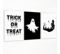 Yuaruo 3pcs Black and White Halloween Canvas Wall Art, Classic Trick or Treat Quote Poster, Cute Friendly Ghost Picture, Minimal Haunted House Holiday Print, Gothic Seasonal Decor 12x16in Unframed