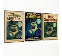 Yuaruo 3pcs Halloween Cat Canvas Wall Art, Giant Witchy Cat Horror Movie Style Aesthetic Poster, Attack of The 50- Foot Feline Funny Quote Print, Now Screaming Halloween Witch Picture 8x12in Unframed