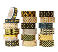 YUBBAEX 18 Rolls Black Gold Washi Tape Set Basic Patterns Foil Print Decorative Tapes for Arts, DIY Crafts, Bullet Journals, Planners, Scrapbook, Wrapping (15mm) (Black Gold Pack x 18 Rolls)
