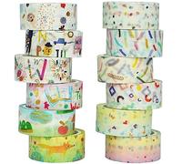 YUBBAEX Washi Tape Set 12 Rolls Cute Gold Foil Decorative Masking Tape Scrapbooking Tape for DIY Art & Crafts and Gift Wrapping Holiday Decoration Office,15mm x 3M (Children's Patintings)
