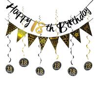YUBBYSTU 18th Birthday Decoration Kit, Happy 18th Birthday Banner Bunting Swirls Streamers, Triangle Flag Banner for Birthday Party Decorations Supplies (18th Birthday Decoration Banner Set)