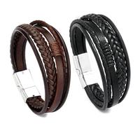 YUBBYSTU 2 Pcs Men's Leather Bracelet, Personalised Handmade Braided Multi-Layer Bracelet, Unisex Cuff Wrap Brown Black Multi-Layer Rope Wristband